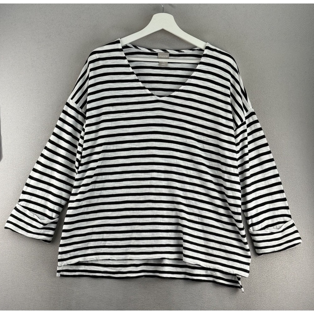 Chicos Women's Sz 2 (US L) White & Black‎ Striped V-Neck Modal Blend Blouse Top